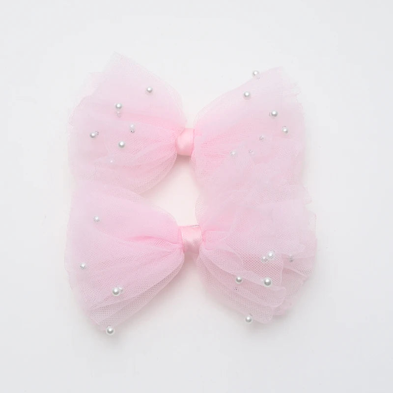 2 Piece 5CM Gauze Hair Clips  Imitation Pearl  Hair Bows Hairpins Lace Bowknot Hairgrips Princess Headwear Hair Accessories