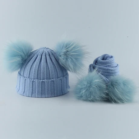 Children Real Natural Fur Pompom Hat Baby Kids Winter Knitted Hat and Scarf Set Boys Girls 4 Pieces Pom Pom Beanie Cap