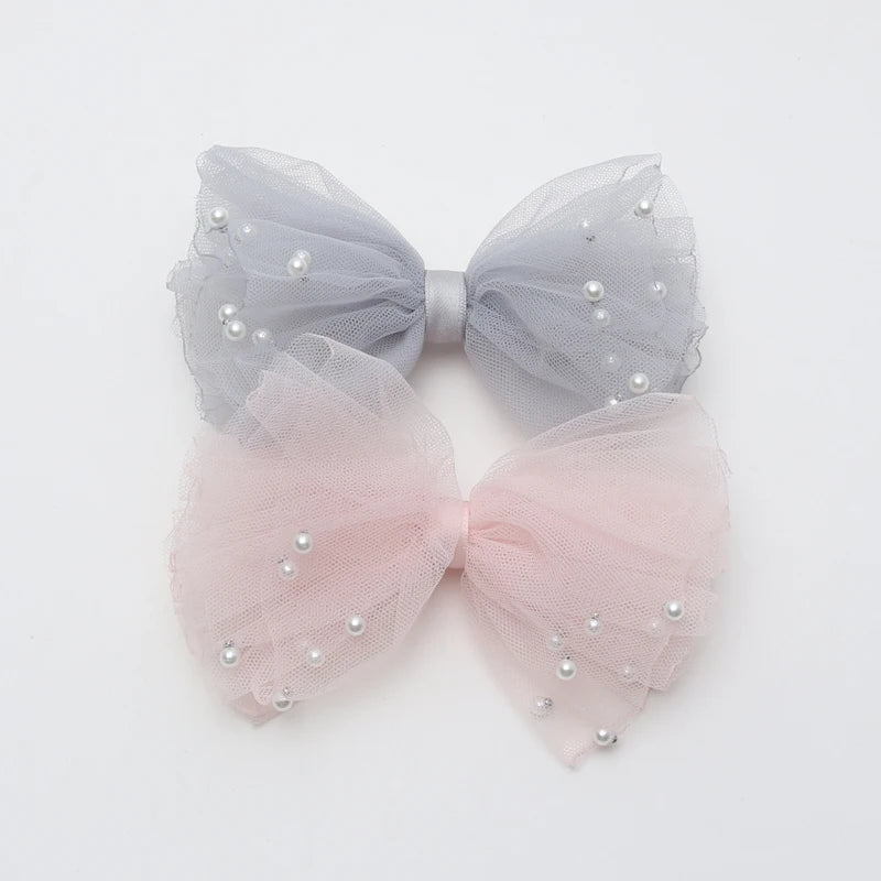 2 Piece 5CM Gauze Hair Clips  Imitation Pearl  Hair Bows Hairpins Lace Bowknot Hairgrips Princess Headwear Hair Accessories