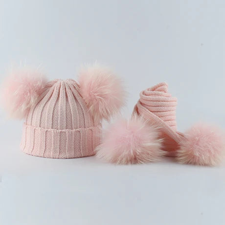 Children Real Natural Fur Pompom Hat Baby Kids Winter Knitted Hat and Scarf Set Boys Girls 4 Pieces Pom Pom Beanie Cap