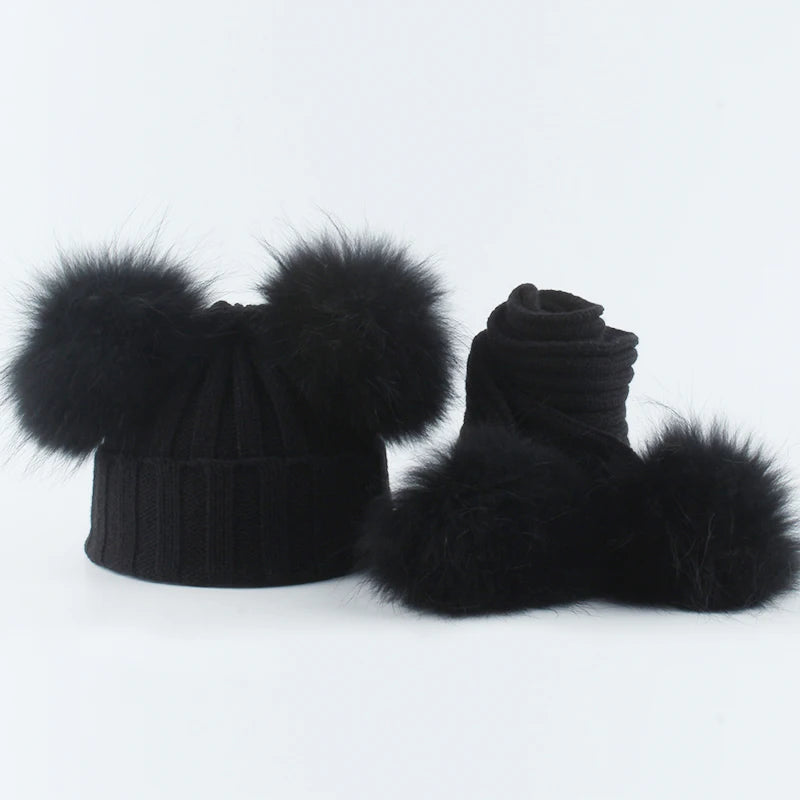 Children Real Natural Fur Pompom Hat Baby Kids Winter Knitted Hat and Scarf Set Boys Girls 4 Pieces Pom Pom Beanie Cap