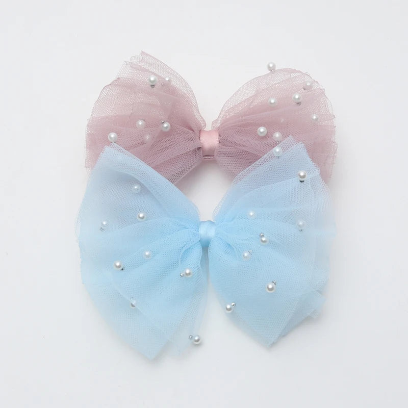 2 Piece 5CM Gauze Hair Clips  Imitation Pearl  Hair Bows Hairpins Lace Bowknot Hairgrips Princess Headwear Hair Accessories