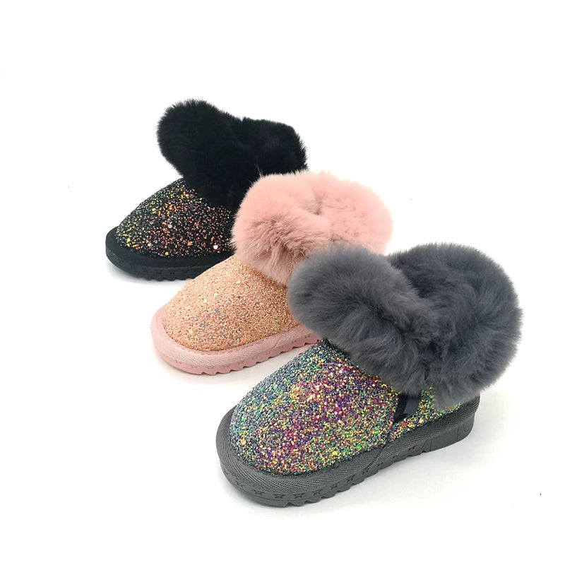 Claladoudou 12-18cm Kids Girls Bling Bling Snow Boots 1-2-3-6 Years Old Baby Girl Ankle Boots Grey Baby Shoes Toddler Booties 11