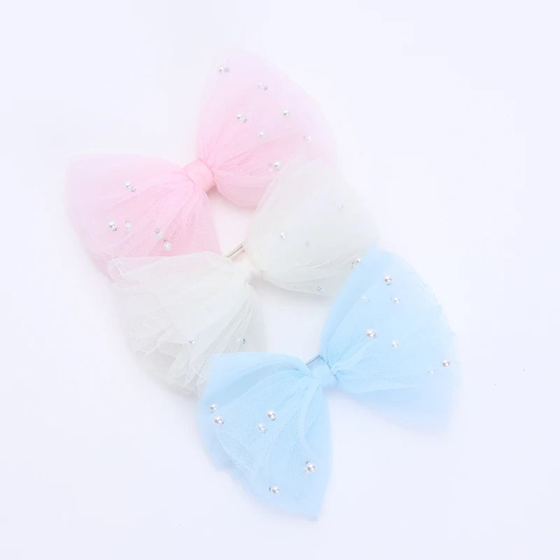 2 Piece 5CM Gauze Hair Clips  Imitation Pearl  Hair Bows Hairpins Lace Bowknot Hairgrips Princess Headwear Hair Accessories