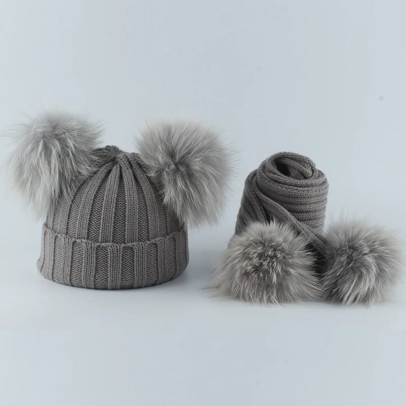 Children Real Natural Fur Pompom Hat Baby Kids Winter Knitted Hat and Scarf Set Boys Girls 4 Pieces Pom Pom Beanie Cap