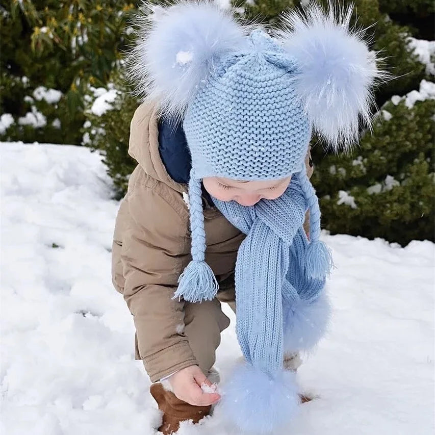 Jaxmonoy Kids Winter Hat and Scarf Set Children's Warm Knit Beanie Real Raccoon Fur Pompom Beanie&Scarf Set for Boys and Girls