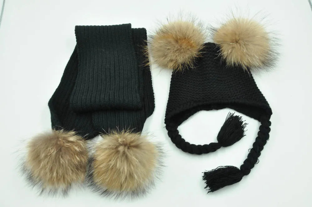 Jaxmonoy Kids Winter Hat and Scarf Set Children's Warm Knit Beanie Real Raccoon Fur Pompom Beanie&Scarf Set for Boys and Girls