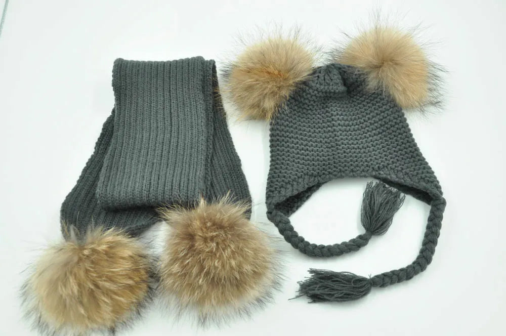 Jaxmonoy Kids Winter Hat and Scarf Set Children's Warm Knit Beanie Real Raccoon Fur Pompom Beanie&Scarf Set for Boys and Girls