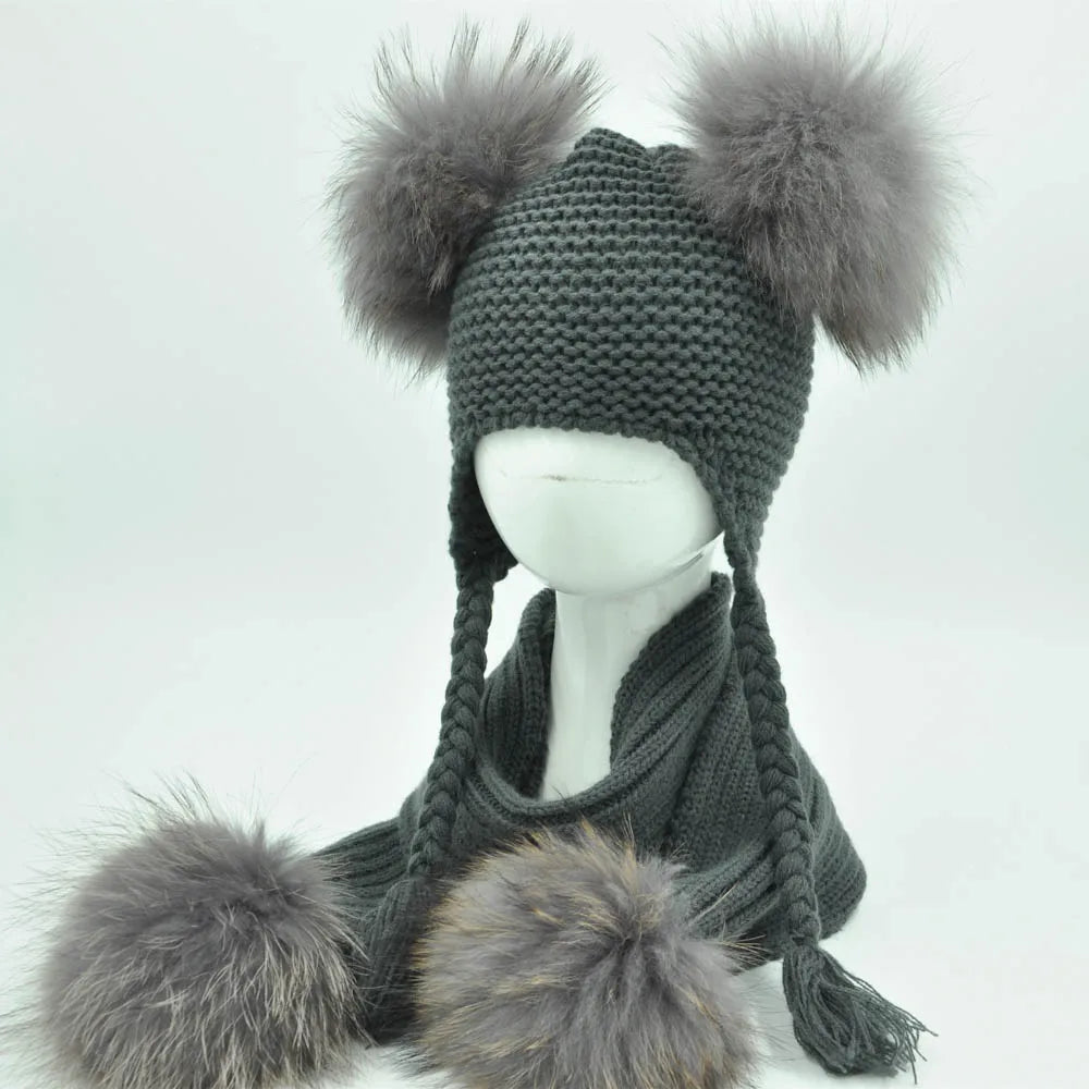 Jaxmonoy Kids Winter Hat and Scarf Set Children's Warm Knit Beanie Real Raccoon Fur Pompom Beanie&Scarf Set for Boys and Girls