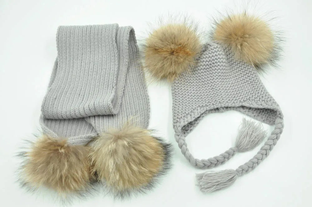 Jaxmonoy Kids Winter Hat and Scarf Set Children's Warm Knit Beanie Real Raccoon Fur Pompom Beanie&Scarf Set for Boys and Girls