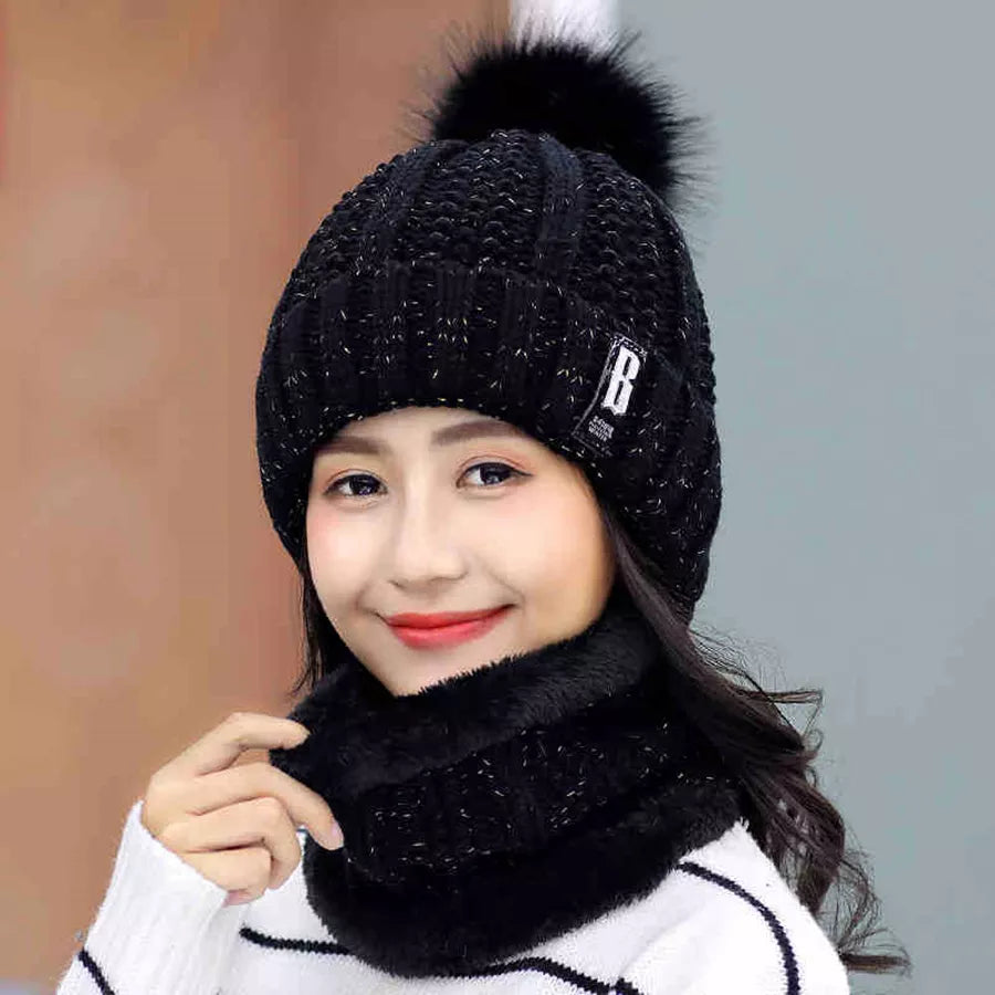 Brand Winter Knitted Beanies Hats Women Thick Warm Skullies Hat Female Knitting Letter Bonnet Beanie Caps Outdoor Riding Sets