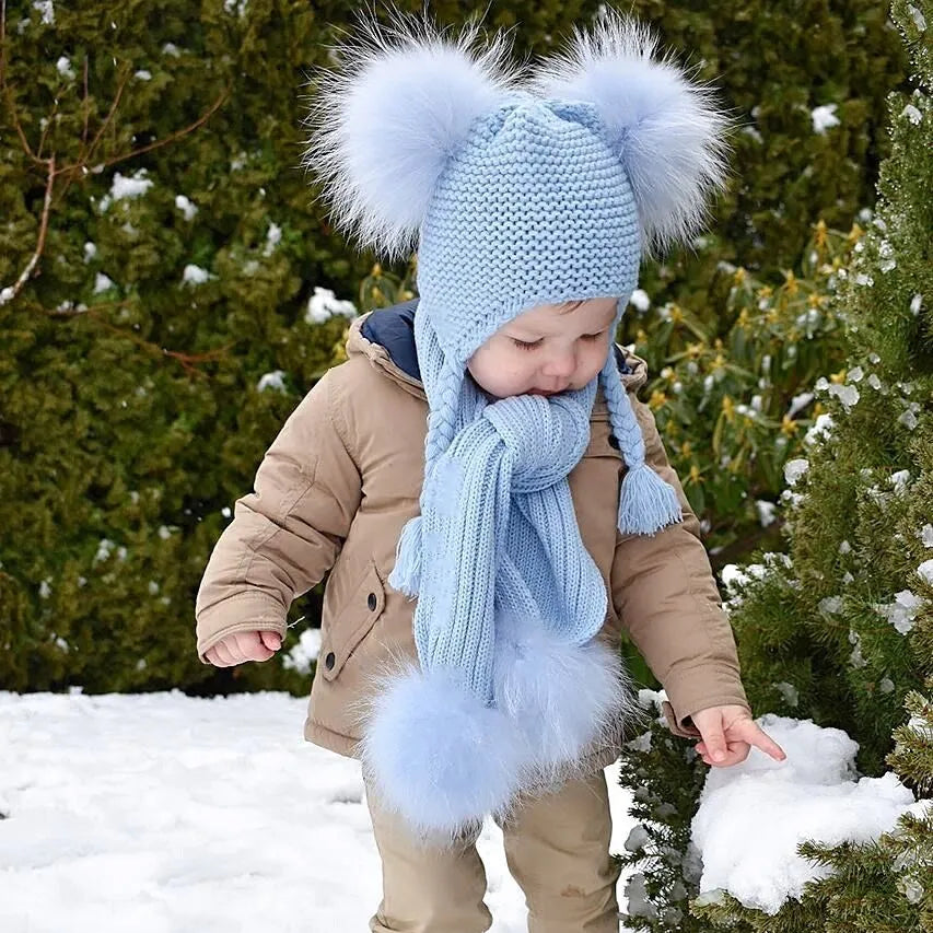 Jaxmonoy Kids Winter Hat and Scarf Set Children's Warm Knit Beanie Real Raccoon Fur Pompom Beanie&Scarf Set for Boys and Girls