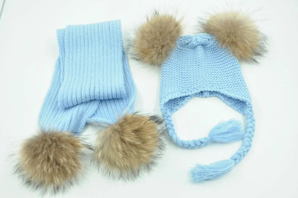 Jaxmonoy Kids Winter Hat and Scarf Set Children's Warm Knit Beanie Real Raccoon Fur Pompom Beanie&Scarf Set for Boys and Girls