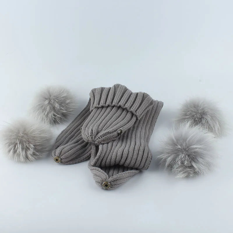 Children Real Natural Fur Pompom Hat Baby Kids Winter Knitted Hat and Scarf Set Boys Girls 4 Pieces Pom Pom Beanie Cap