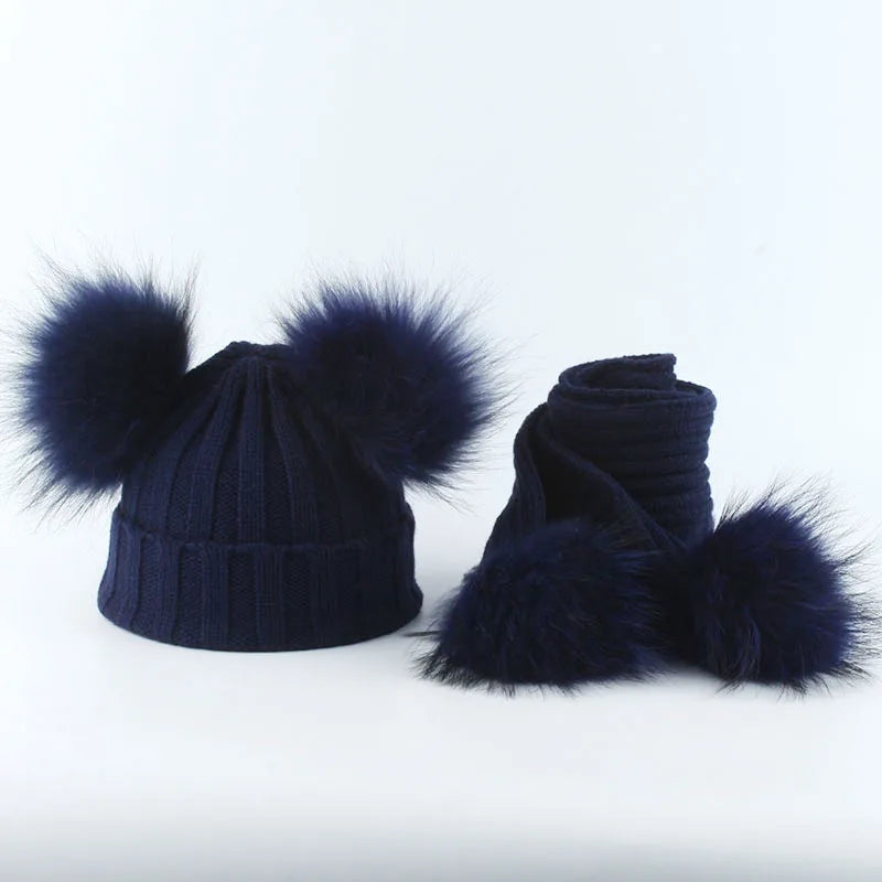 Children Real Natural Fur Pompom Hat Baby Kids Winter Knitted Hat and Scarf Set Boys Girls 4 Pieces Pom Pom Beanie Cap