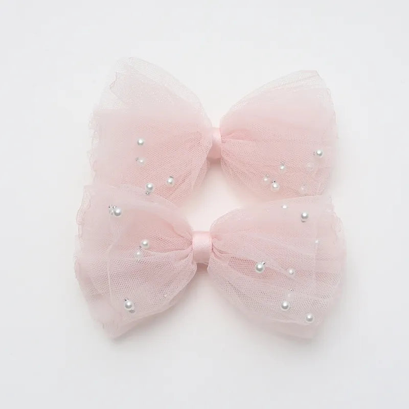 2 Piece 5CM Gauze Hair Clips  Imitation Pearl  Hair Bows Hairpins Lace Bowknot Hairgrips Princess Headwear Hair Accessories